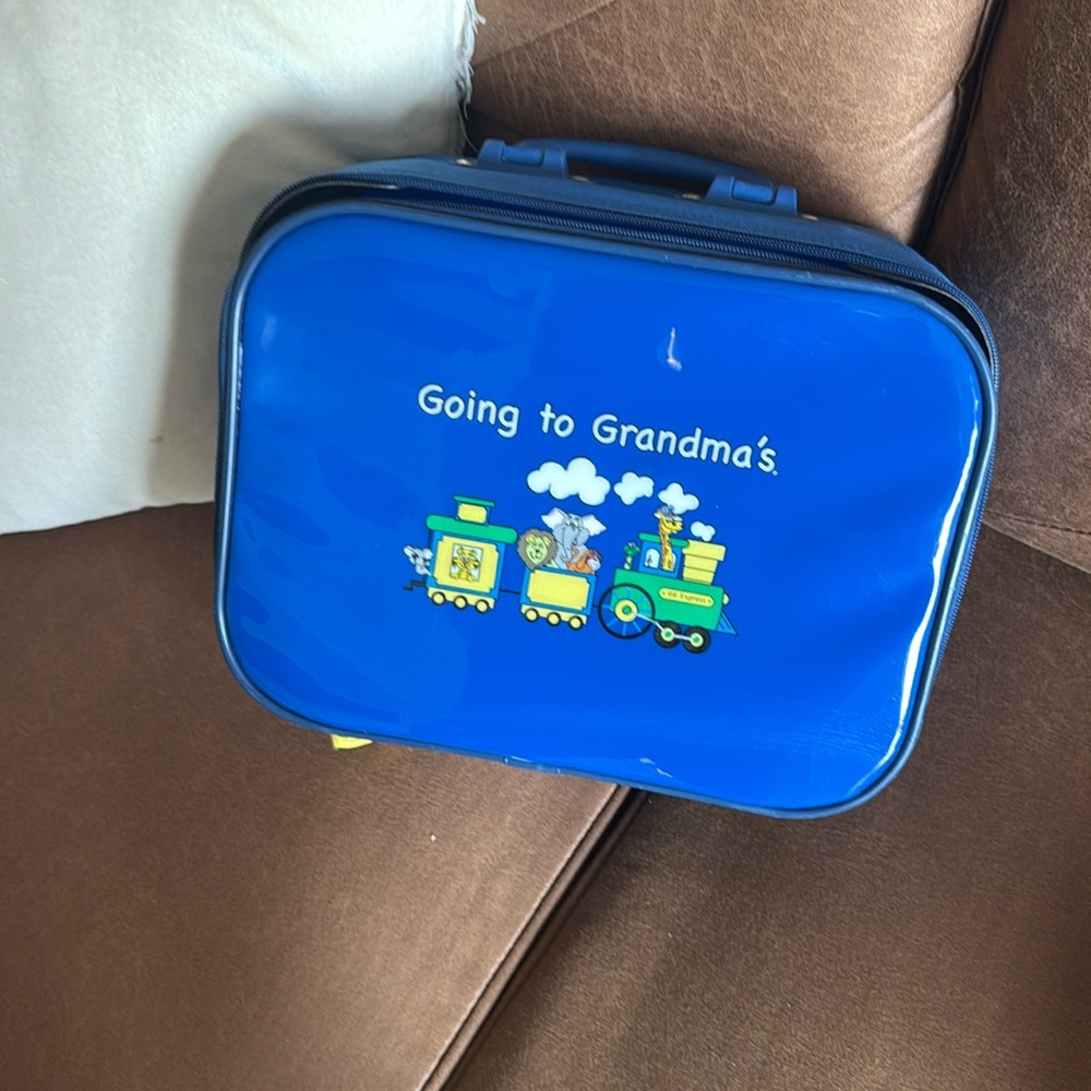 Kids Blue Train suitcase- going to grandmas